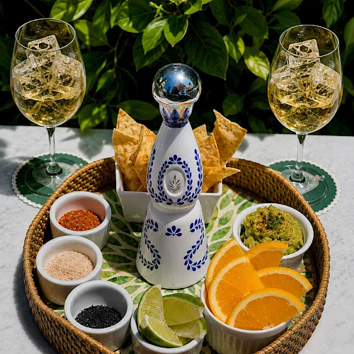 A tequila/mezcal setup with a decorated bottle, two wine glasses of golden liquor, citrus slices, crackers, and seasoning bowls on a tray.