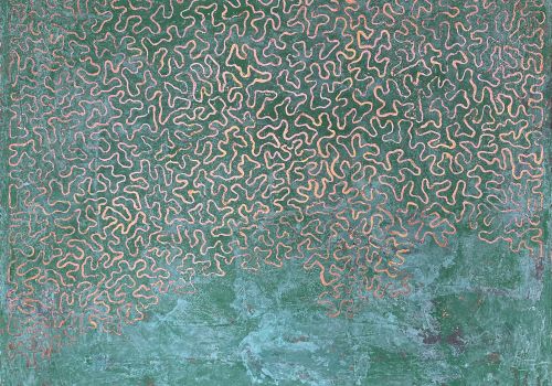 A teal textured surface covered in dense orange looping squiggle lines, like a maze or circuit pattern.
