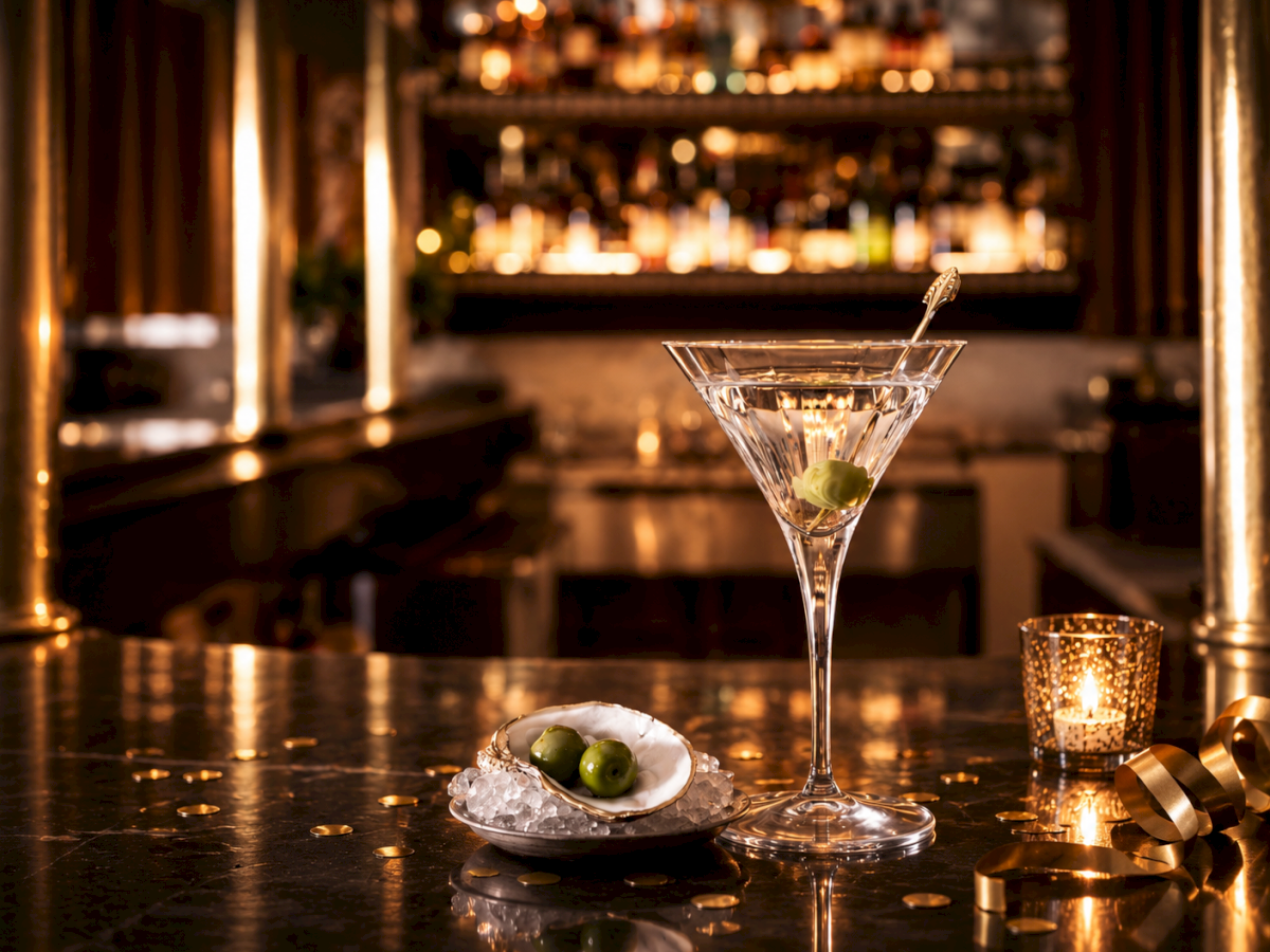 Martini glass with olive garnish, oyster shell, candles, gold coins, and a ribbon bow on a reflective table.