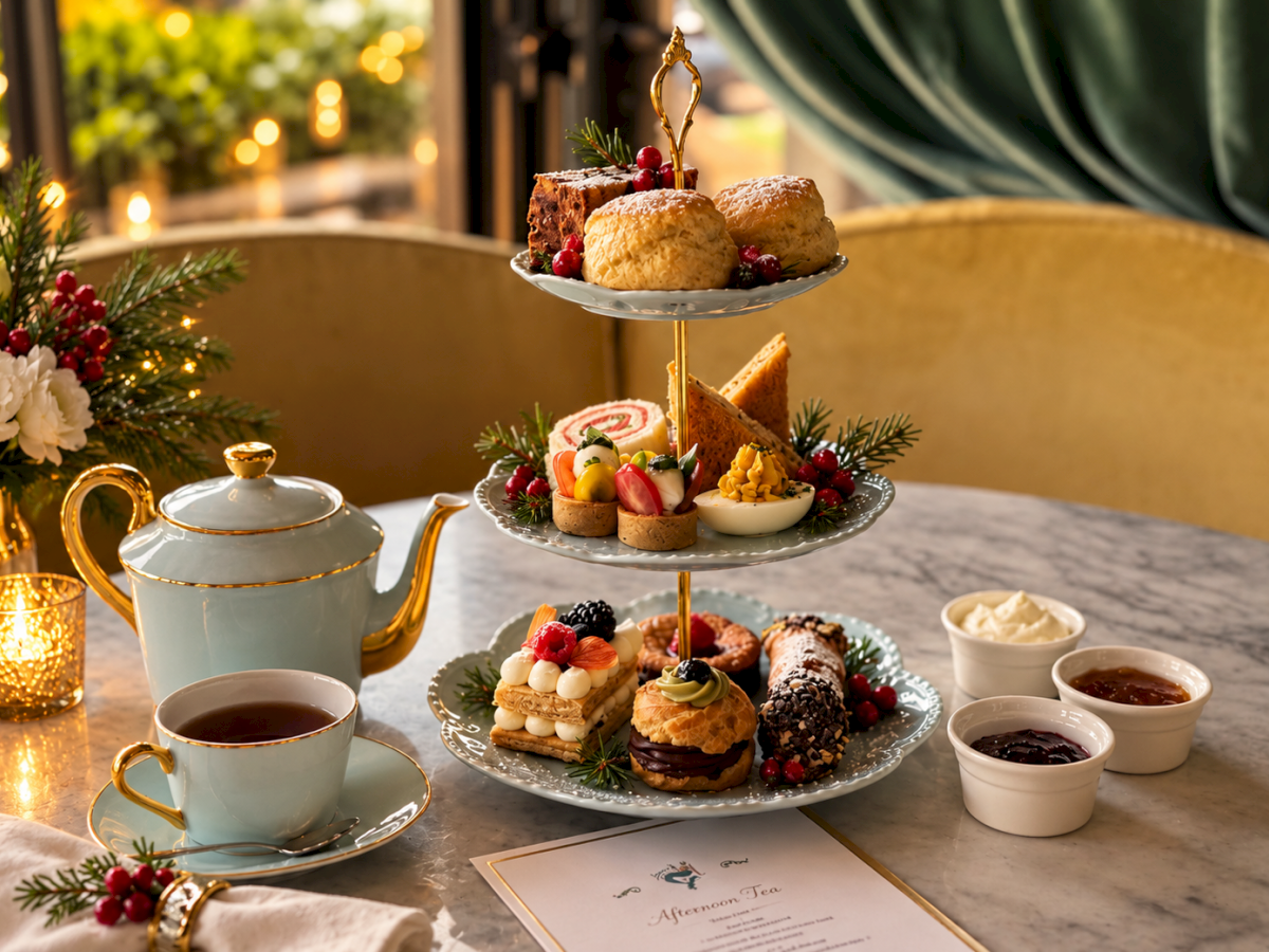 Festive afternoon tea with a three-tier stand of pastries and sandwiches, plus teapot, cups, berries, and warm holiday lights.