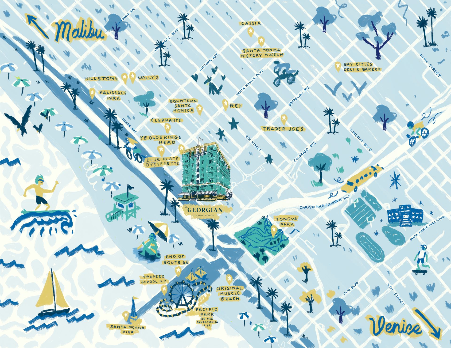 This is an illustrated map featuring a coastal area with landmarks, streets, and playful graphics of surfers and boats, labeled Malibu and Venice.