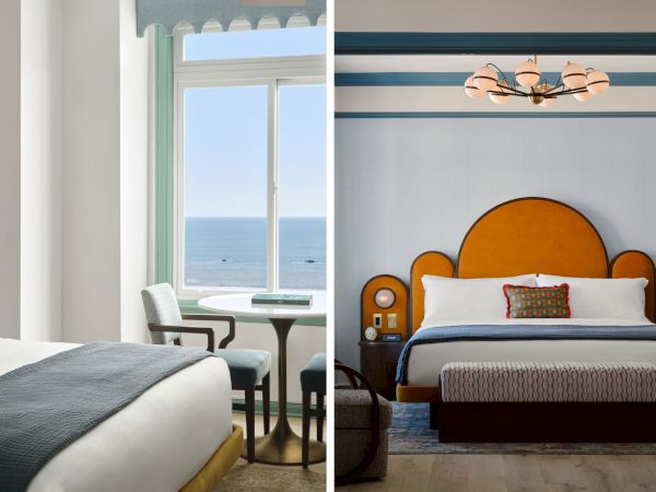 The image shows a stylish bedroom with ocean views, featuring modern furniture and a cozy ambiance.