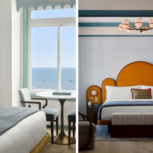 The image shows two hotel room interiors: one with an ocean view and another featuring a bed with a distinctive orange headboard.