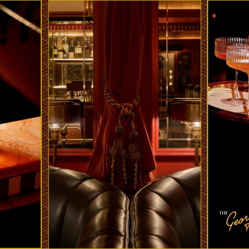 The image features a cocktail on a piano, an elegant interior, and a server holding a tray of drinks, branded "The Georgian Rooms".