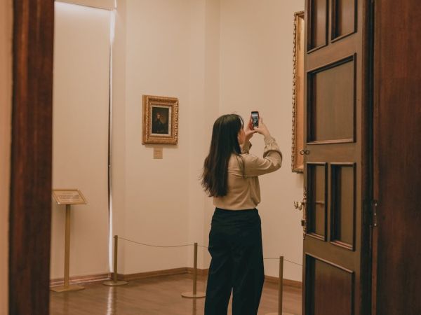 A person takes a photo in an art gallery, with framed paintings on the wall and a wooden door partially visible.