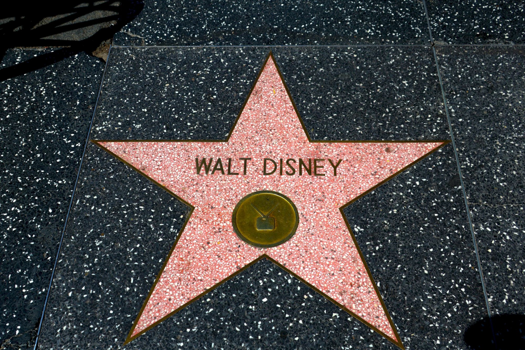 A star on the Hollywood Walk of Fame displaying the name "Walt Disney" on a terrazzo and brass star embedded in the sidewalk.