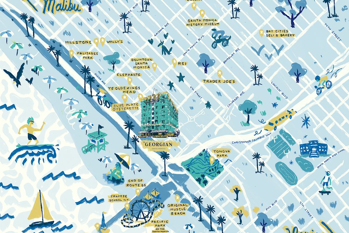 A whimsical blue-toned map of Venice with illustrated landmarks, boats, canals, palm trees, and playful icons &mdash; a stylized city guide.