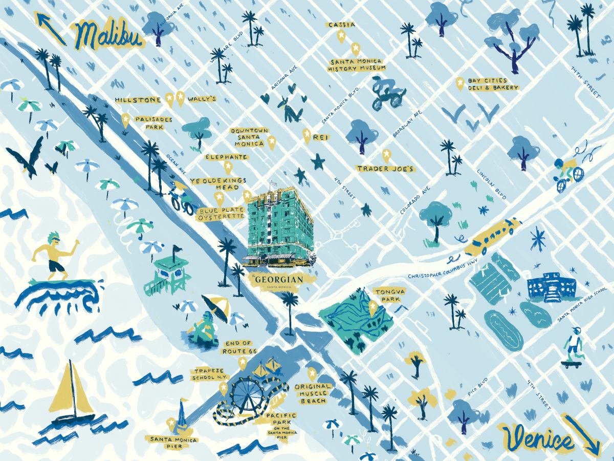 A whimsical blue-toned map of Venice with illustrated landmarks, boats, canals, palm trees, and playful icons &mdash; a stylized city guide.