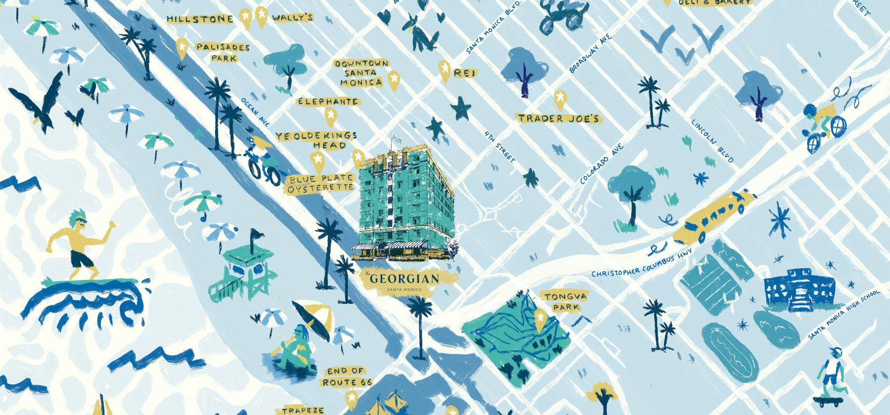 A whimsical blue-toned map of Venice with illustrated landmarks, boats, canals, palm trees, and playful icons &mdash; a stylized city guide.
