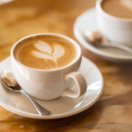 Two cappuccinos with latte art on a wooden table, spoons on saucers, warm cafe vibe.