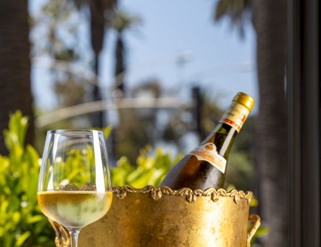 A bottle of champagne in a gold ice bucket with a filled wine glass and a plate of tapas on a sunny patio, palm trees in the background, delightfully elegant.