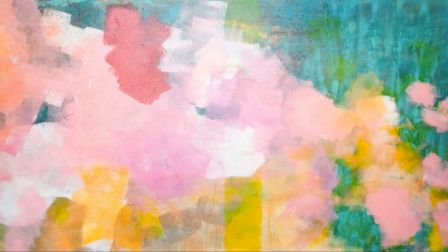 An abstract colorful painting with pink, yellow, white, and green brushstrokes creating a soft, dreamy composition that feels like blooming shapes.