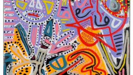 A vibrant abstract painting with colorful, overlapping shapes and squiggles, featuring a purple figure on the right and orange forms at the bottom, all outlined in bold black lines, creating a lively, mosaic-like composition.