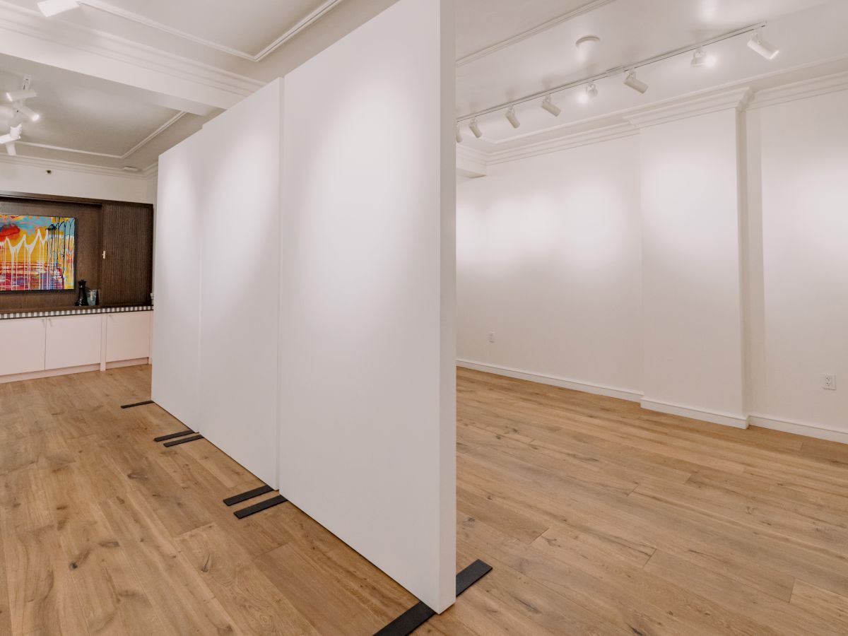 A bright, empty gallery with white partition walls, warm wooden floor, track lighting, and a distant colorful artwork along a back wall.