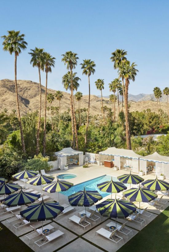 A resort-style pool area with numerous loungers and blue-striped umbrellas, palm trees, desert hills in the background, and colorful flowers around.