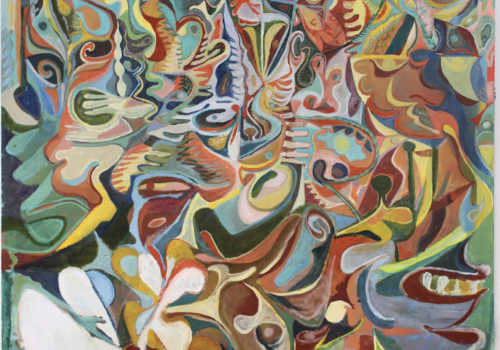 A vibrant, chaotic abstract painting with swirling shapes, bold colors, and many interlocking figures and faces blending into the composition.