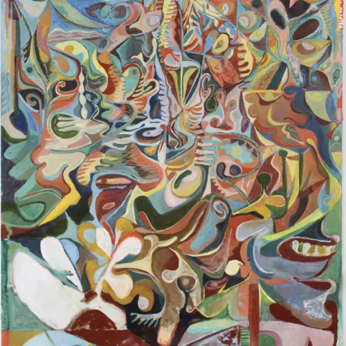 A vibrant, chaotic abstract painting with swirling shapes, bold colors, and many interlocking figures and faces blending into the composition.
