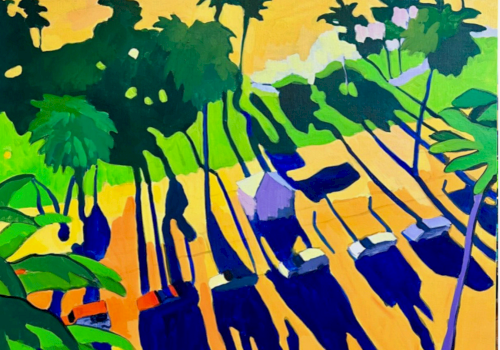 A vivid abstract jungle scene with lush green trees, bright yellow sky, and sweeping blue shadows across the ground.