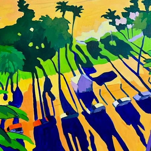 A vivid abstract jungle scene with lush green trees, bright yellow sky, and sweeping blue shadows across the ground.