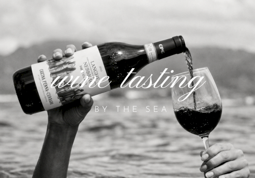 A person pours wine from a bottle into a glass while standing in shallow water on a beach.