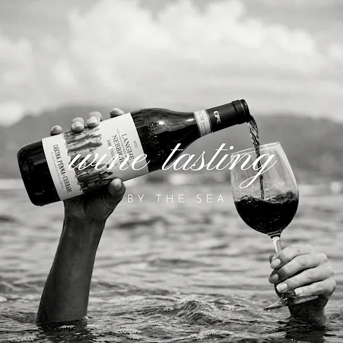 A person pours wine from a bottle into a glass while standing in shallow water on a beach.